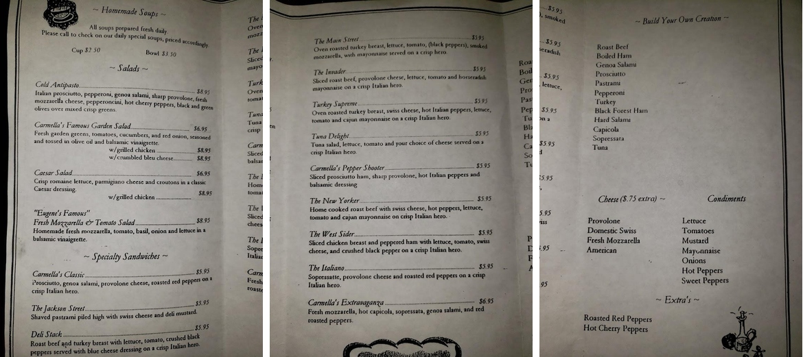 Carmellas Italian Deli Menu